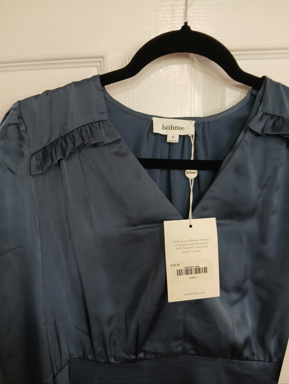 NWT Bohme Blue Long-Sleeve V-Neck Midi Dress Boho Cottage Wedding Guest Feminine - Picture 7 of 9